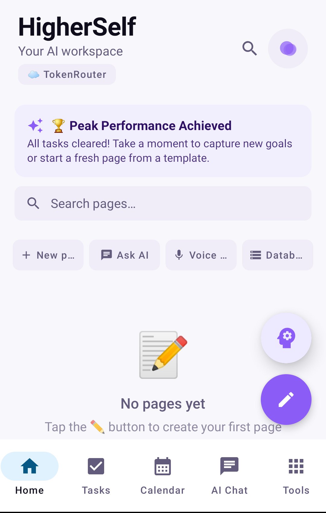 HigherSelf home dashboard